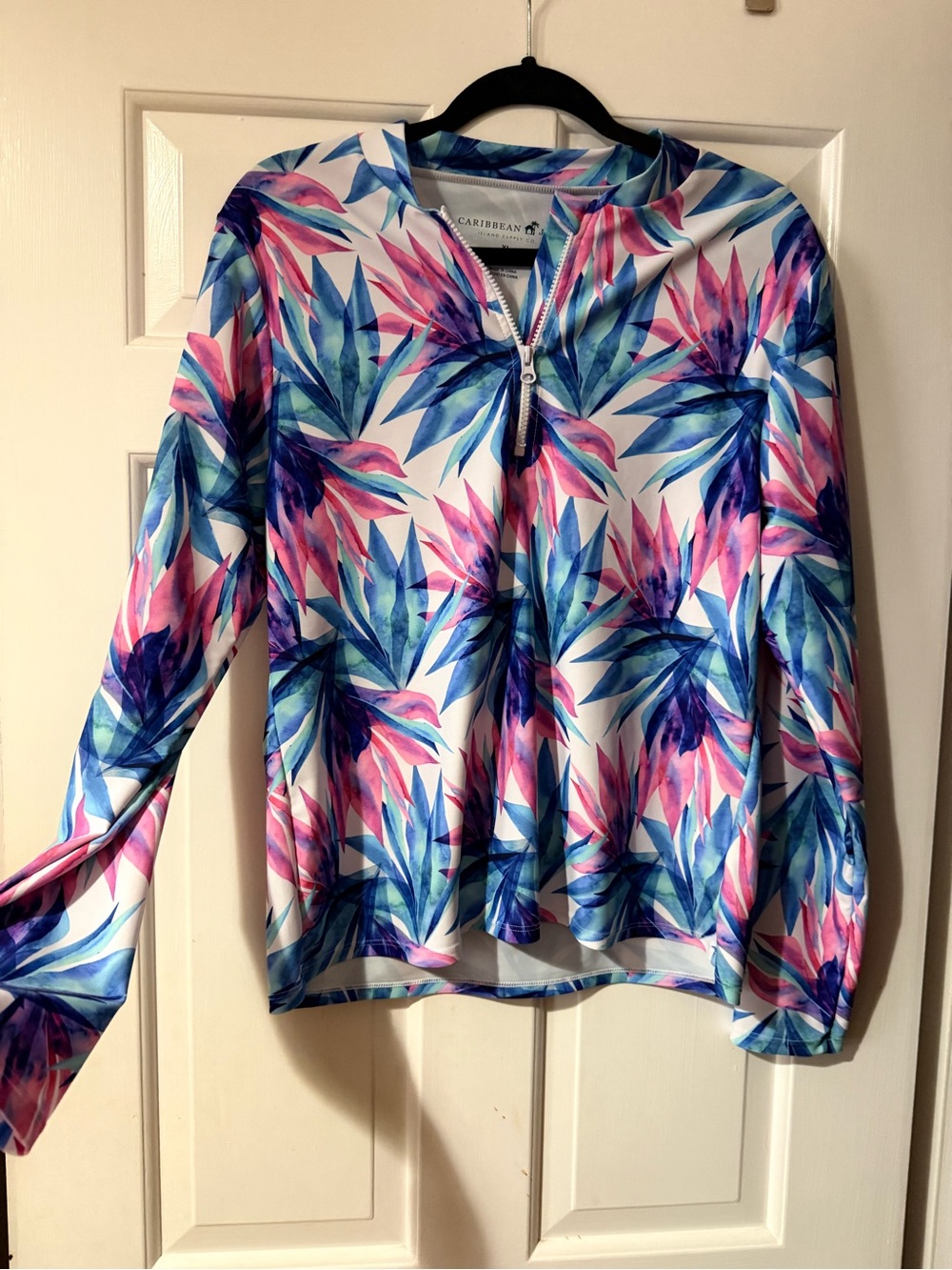 Caribbean Joe Tropical Zip-Front Pullover in Blue & Pink